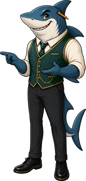 Bookie the Shark pointing to the bookmaker odds ticket
